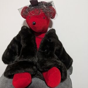 Lauren Bearcall Charming Red Stuffed Bear with Black Faux Coat